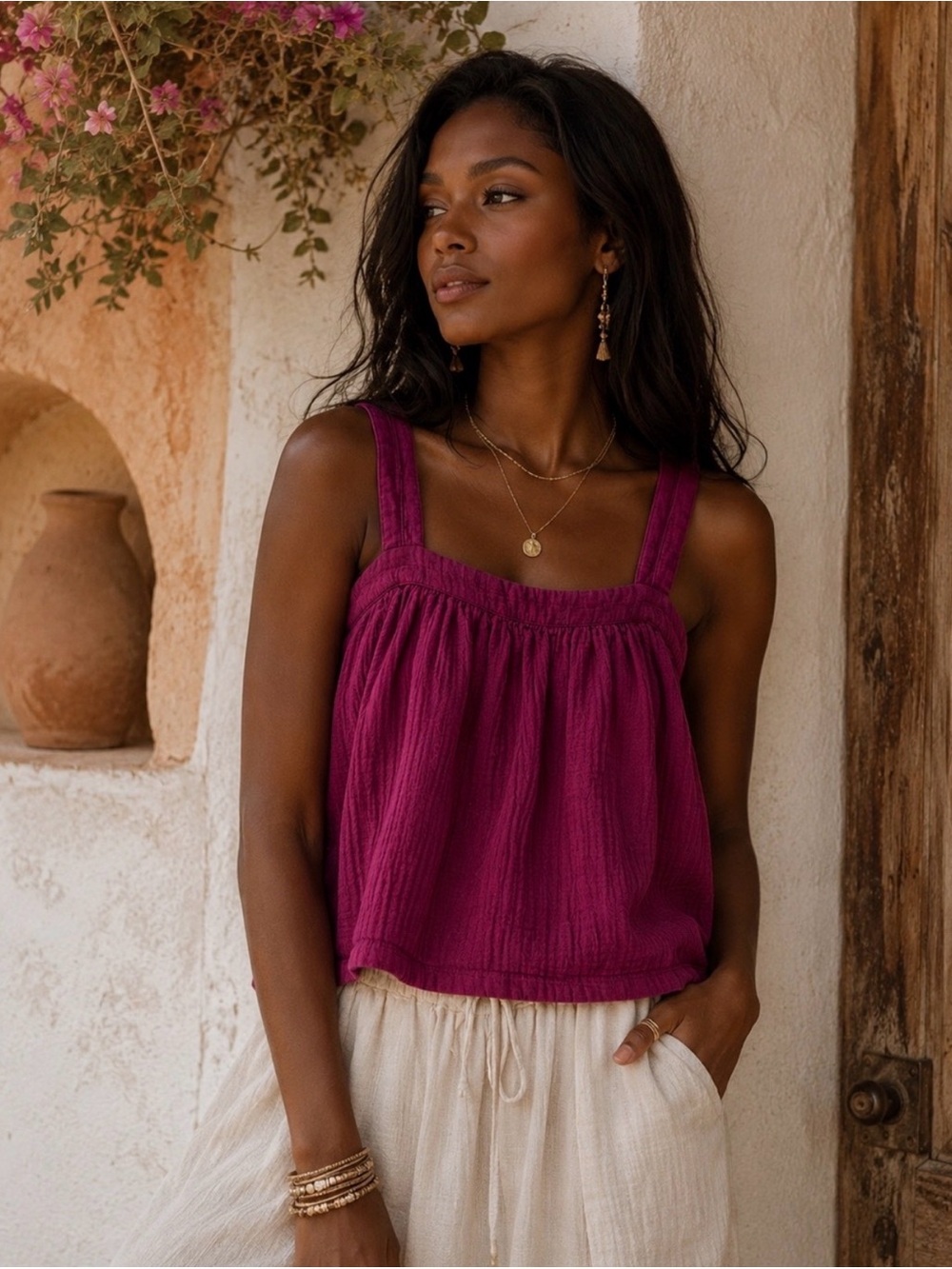 NWT Pact Organic Coastal Double Gauze Breezy Cami Top Sangria XS